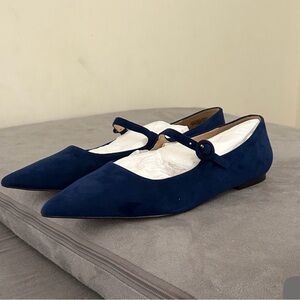 Ann Taylor Navy Blue Suede Mary Jane Buckle Pointy Toe Flats Size 9.5